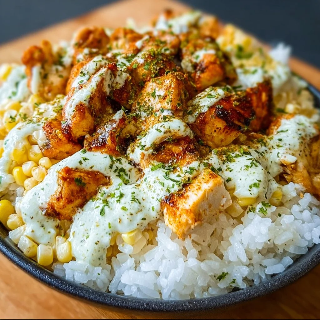 Street Corn Chicken Rice Bowl topped with corn, chicken, rice, and spices
