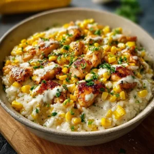 Delicious Street Corn Chicken Rice Bowl garnished with fresh ingredients