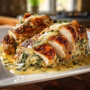 Deliciously baked stuffed chicken breast with herbs and cheese filling