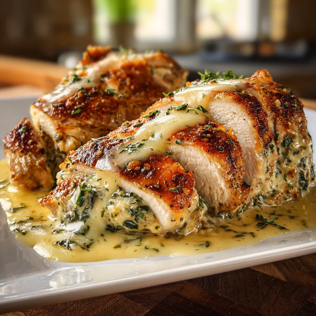 Deliciously baked stuffed chicken breast with herbs and cheese filling