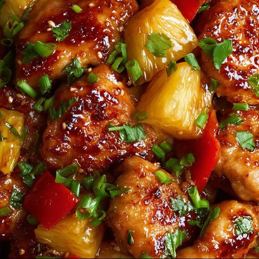 Delicious sweet and tangy pineapple chicken served on a plate