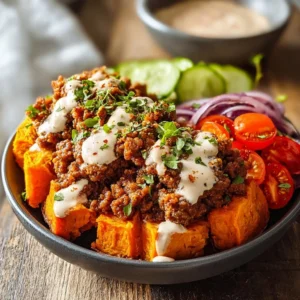 Delicious sweet potato burger bowl served with fresh ingredients and vibrant toppings.