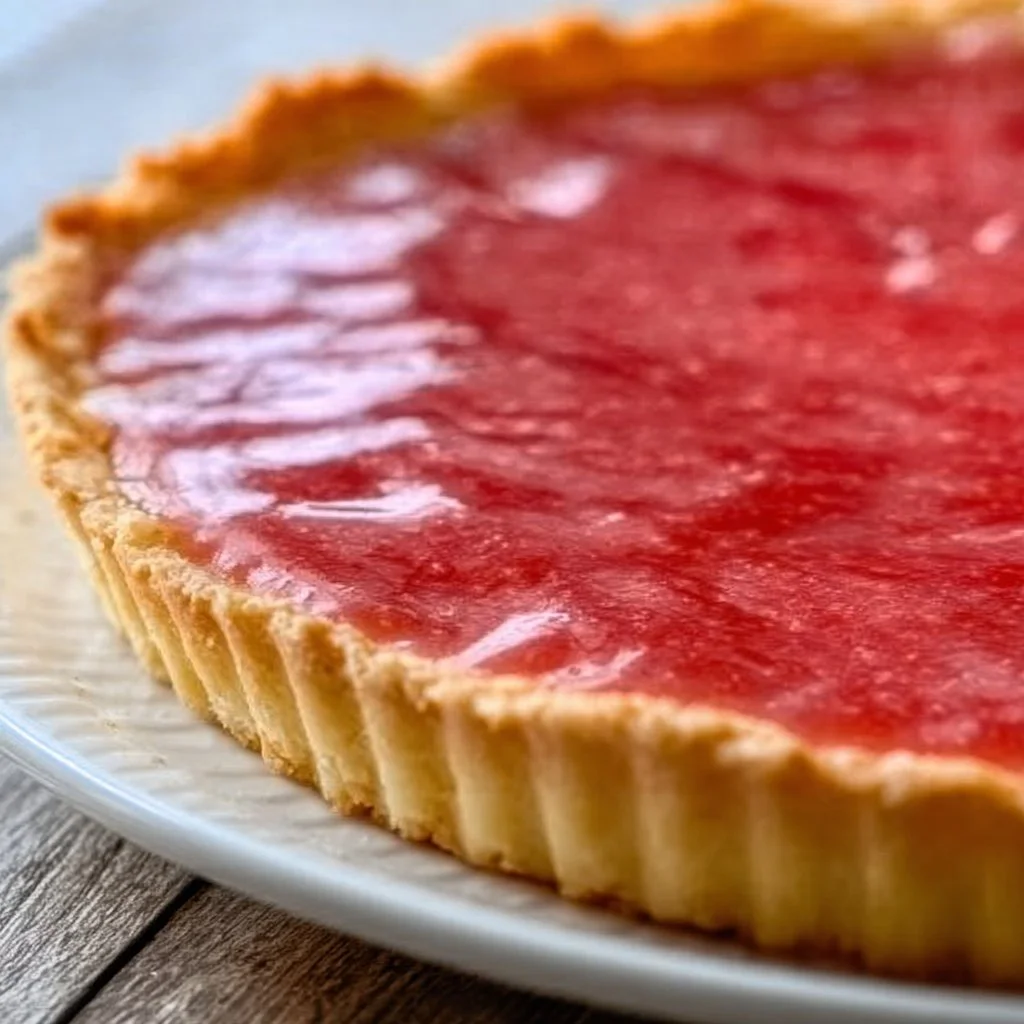 A delicious slice of sweet rhubarb custard tart on a plate.