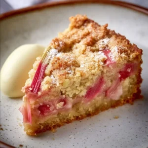 Delicious slice of homemade rhubarb cake topped with cream
