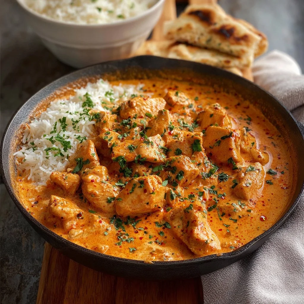 Texas Roadhouse-inspired butter chicken skillet with colorful ingredients.
