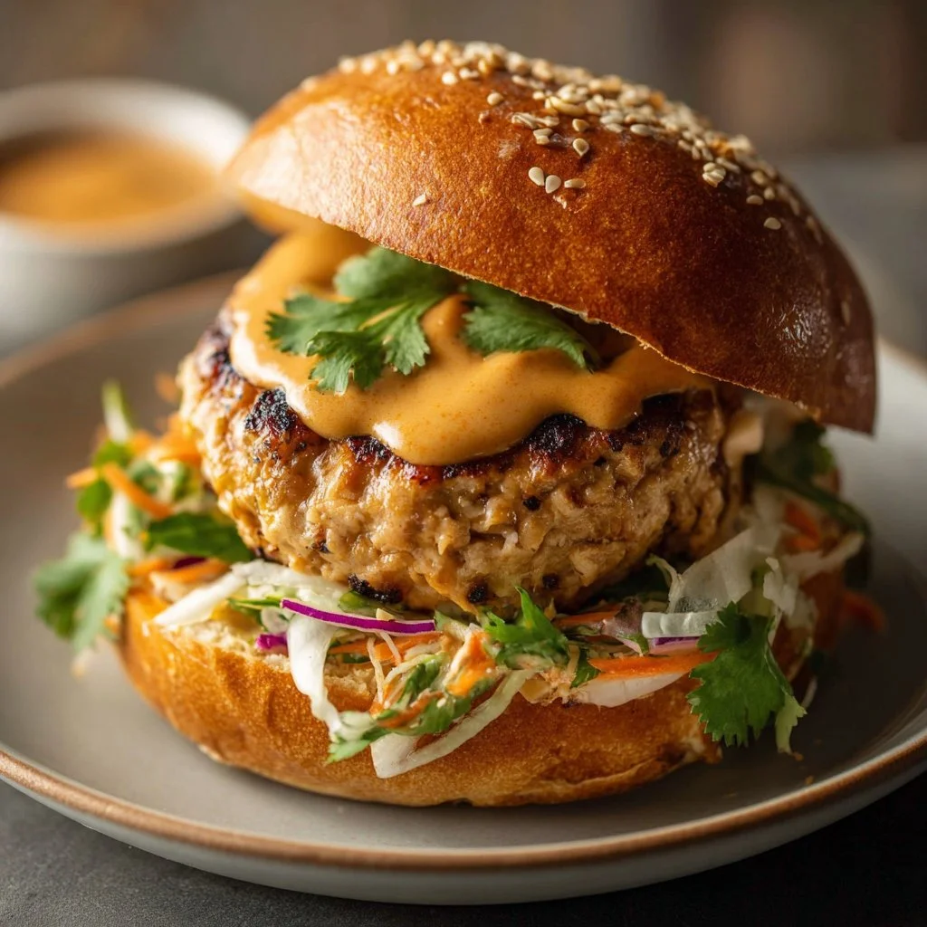 Grilled Thai Peanut Turkey Burgers served with fresh veggies