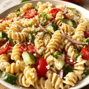 A colorful bowl of pasta salad with Italian dressing, vegetables, and herbs.