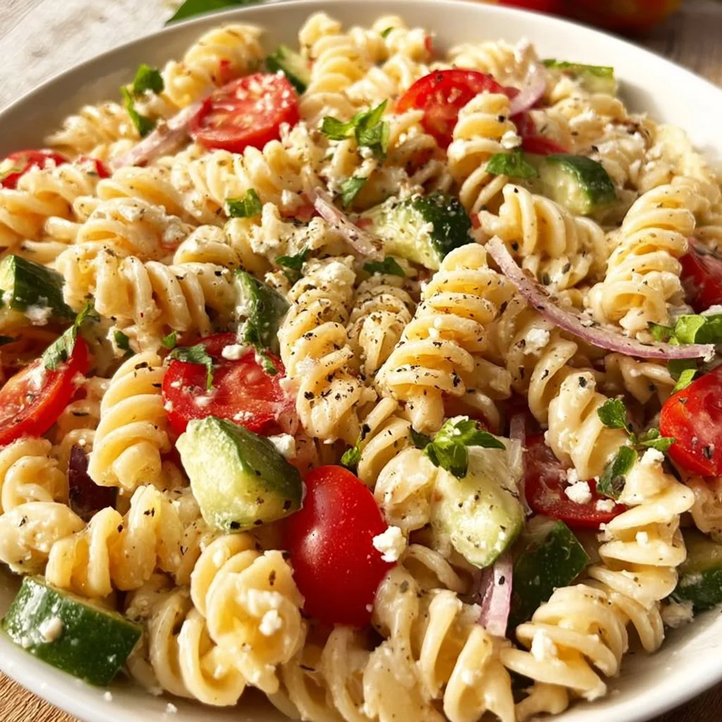 A colorful bowl of pasta salad with Italian dressing, vegetables, and herbs.