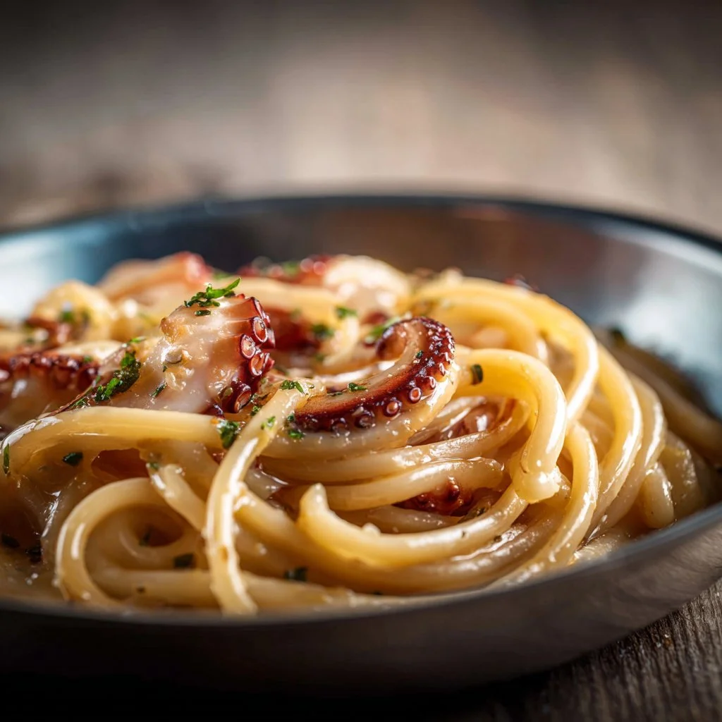A flavorful dish of tinned octopus pasta garnished with herbs and spices.