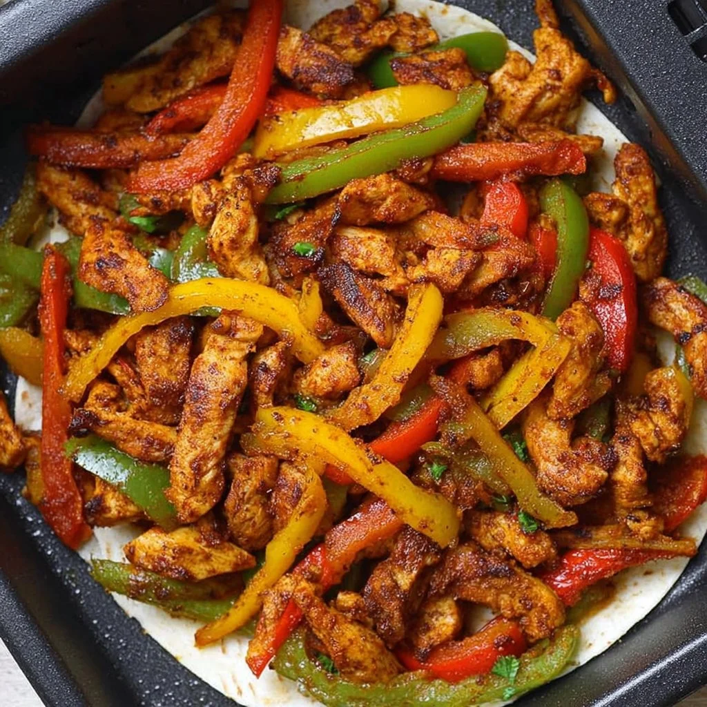 Delicious air fryer chicken fajitas with colorful peppers and onions.