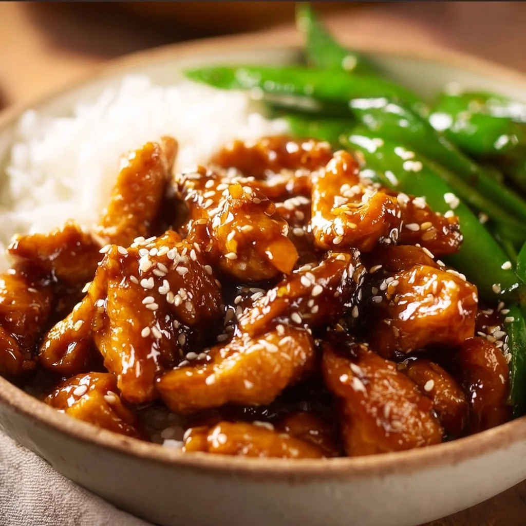 Delicious Asian High Protein Sesame Chicken served with vegetables and sesame seeds