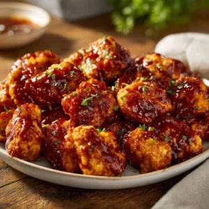 Delicious Baked Honey BBQ Chicken Bites served on a platter.