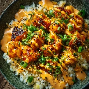 Delicious Bang Bang Chicken Bowl topped with crispy chicken and spicy sauce
