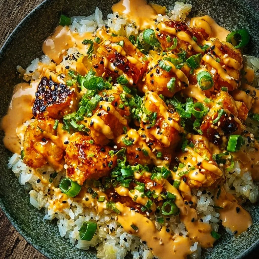 Delicious Bang Bang Chicken Bowl topped with crispy chicken and spicy sauce