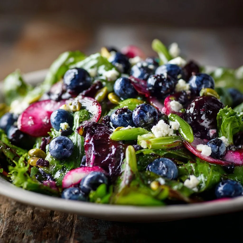 Blueberry Pistachio Spring Salad with fresh greens and colorful toppings