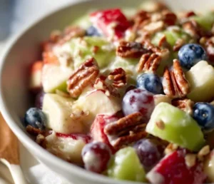 Colorful and fresh breakfast fruit salad with a variety of fruits