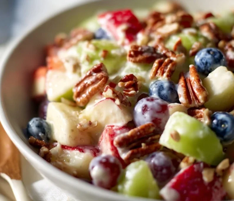Colorful and fresh breakfast fruit salad with a variety of fruits
