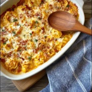 Cheesy baked tortellini casserole topped with melted cheese and herbs.