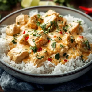 Coconut Chicken Rice Bowl with tender chicken and vibrant vegetables