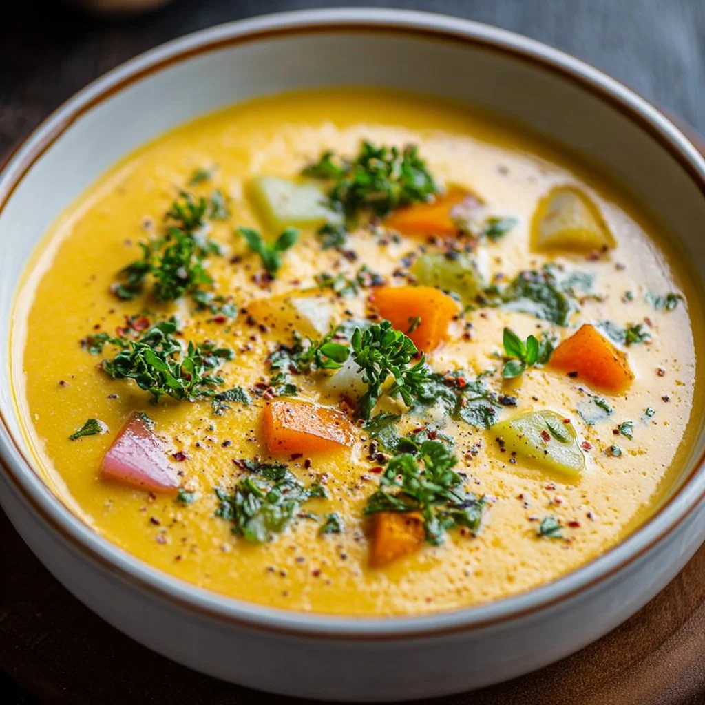 Cream of spring vegetable soup with fresh ingredients in a bowl