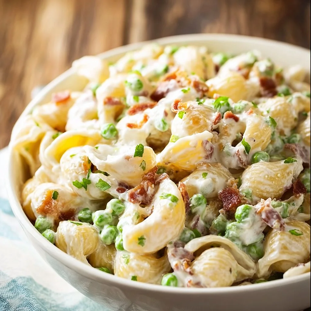 Creamy pasta salad with colorful vegetables and dressing in a bowl