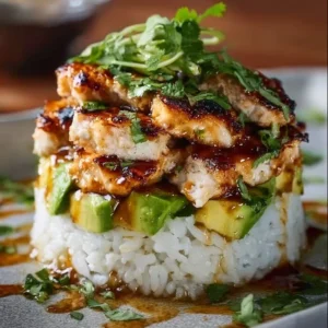 Honey Lime Chicken served with avocado rice stack