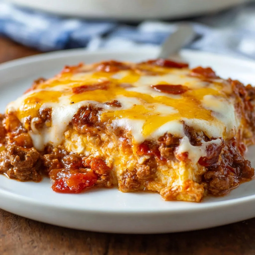 Delicious low carb pizza casserole topped with cheese and fresh ingredients.