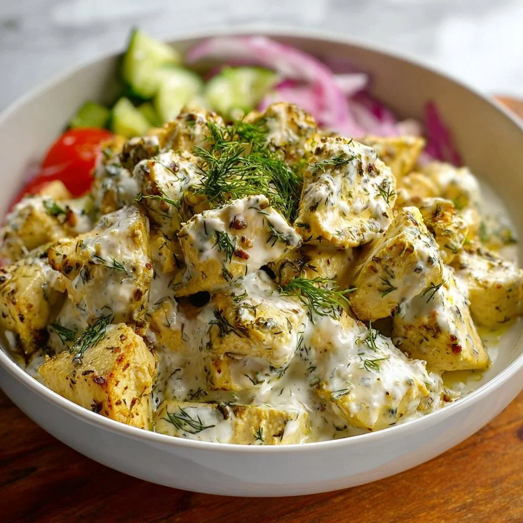 High protein Mediterranean chicken bowls with lemon and dill flavor.