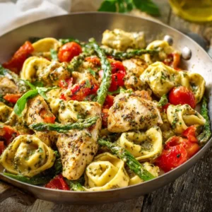One-pan pesto chicken with tortellini and vegetables ready to serve