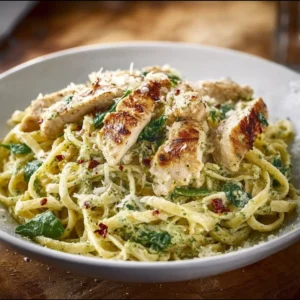Pesto pasta with chicken served in a bowl, garnished with fresh basil and parmesan.