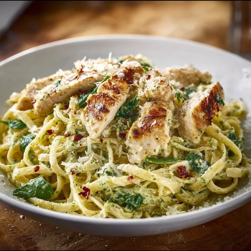 Pesto pasta with chicken served in a bowl, garnished with fresh basil and parmesan.