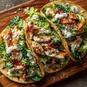 Smash Chicken Caesar Tacos topped with fresh greens and Caesar dressing.