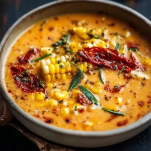 Bowl of Sun-Dried Tomato Corn Chowder garnished with fresh herbs