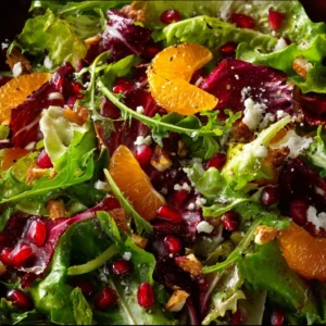Colorful winter salad with seasonal vegetables and toppings for a nutritious meal.